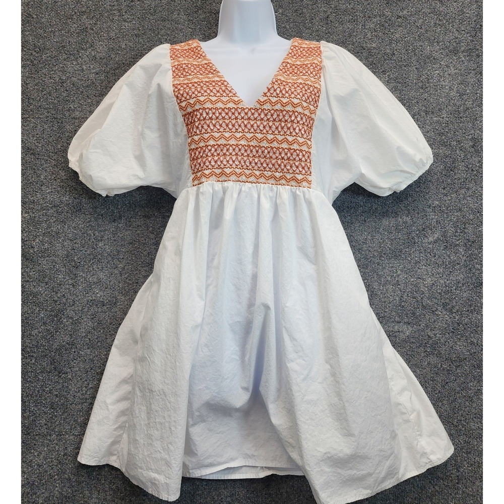 Madewell Women's Smocked V-Neck Puff Sleeve Boho Cottagecore Embroidered Dress M